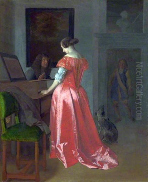 A Woman standing at a Harpsichord, a Man seated by her - view 1