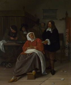 An Interior with a Man offering an Oyster to a Woman) by Jan Steen