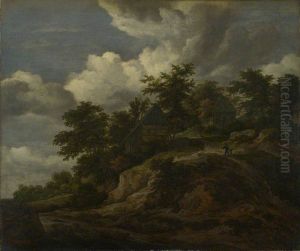 A Rocky Hill with Three Cottages, a Stream at its Foot by Jacob Van Ruisdael