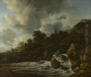 A Waterfall at the Foot of a Hill, near a Village by Jacob Van Ruisdael