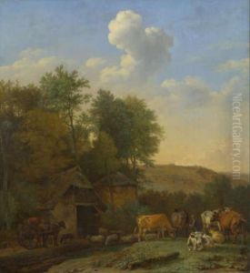 A Landscape with Cows, Sheep and Horses by a Barn by Paulus Potter