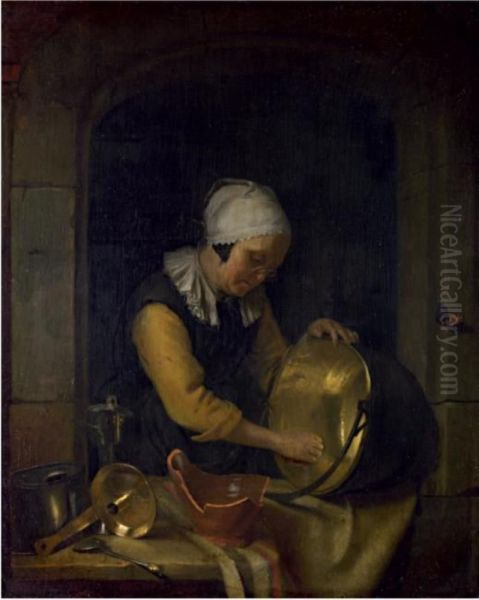 An Old Woman scouring a Pot - view 1