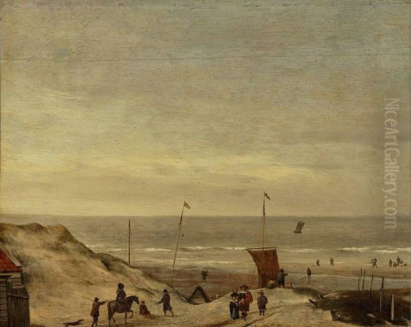 Strandgezicht met vissersschepen; op de voorgrond een man te paard en een elegant geklede man en vrouw - view 1