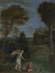 Landscape with Tobias laying hold of the Fish by Domenico Zampieri (Domenichino)
