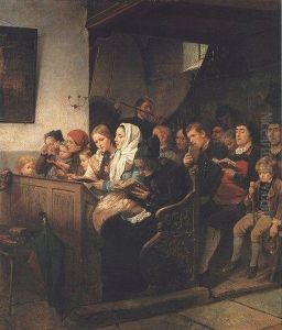 Village church with worshipers by Benjamin Vautier