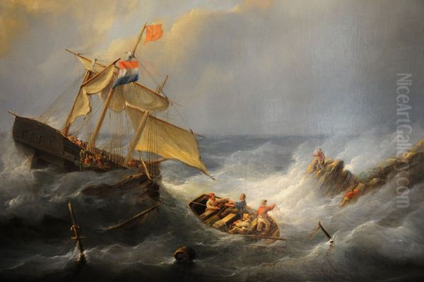 A ship in trouble at a rocky coast - view 1