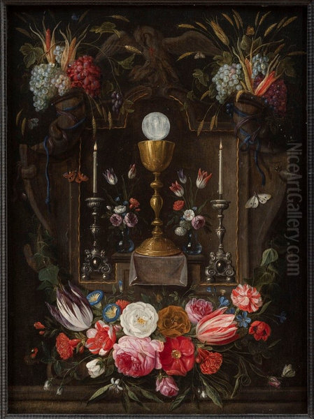 Altar niche with the symbols of the Eucharist with flowers and fruits - view 1