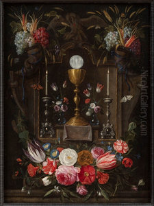 Altar niche with the symbols of the Eucharist with flowers and fruits Altar niche with the symbols of the Eucharist with flowers and fruits