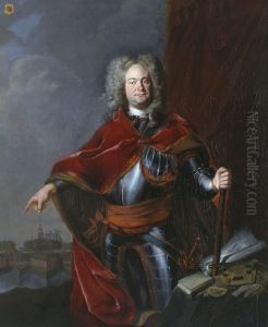 Dr Gerrit Sichterman, Commandeur van de vesting Grave, wijzend op Grave, zijn dissertatie in de hand,