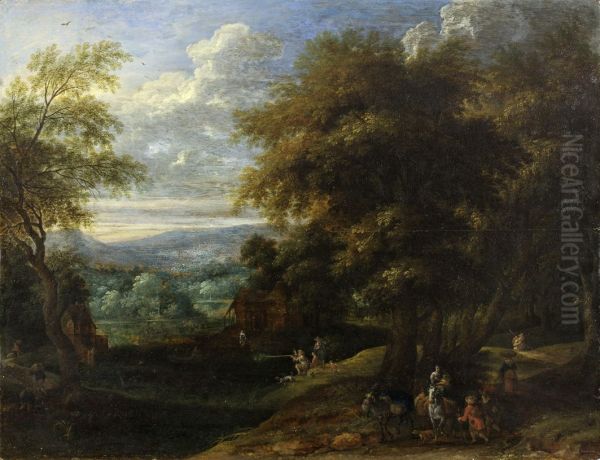 Wooded landscape with hunters and travellers - view 1