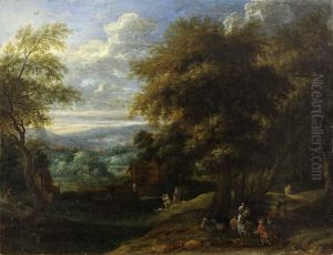 Wooded landscape with hunters and travellers by Jacques d'Arthois