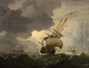 Schepen in een storm by Willem van de Velde the Younger