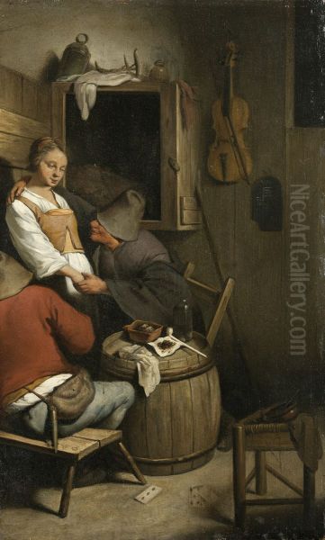 Inn interior with waitress and two men - view 1