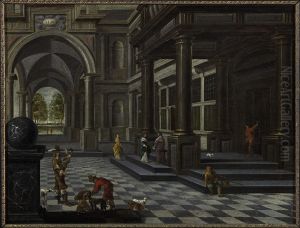 Interieur van een renaissance paleis met figuren