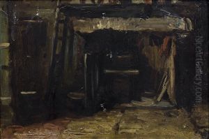 Interieur met schouw en ladder,