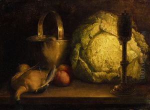 Stilleven met witte kool, koperen emmer, vogel en een tuitlamp