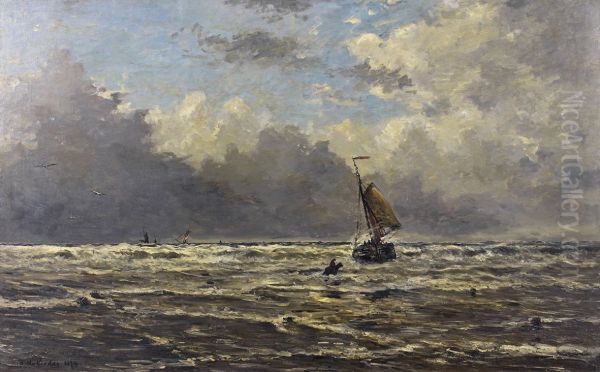 Onstuimige zee met kleine boot - view 1