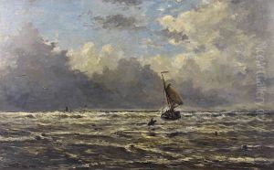 Onstuimige zee met kleine boot by Hendrik Willem Mesdag