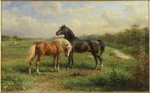 Zwarte hengst en vos in wei, by Otto Erelman