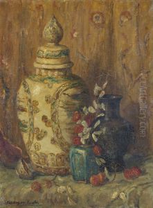 Stilleven met porseleinen pot en judaspenning, by Sina Mesdag-van Houten