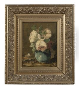 Witte en rode pioenrozen in groene pot, by Sina Mesdag-van Houten