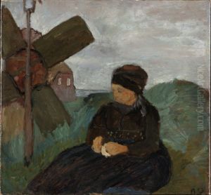 Oostfries meisje in de duinen, Friezin zittend in de duinen met windmolen, by Paula Modersohn-Becker