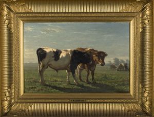 Two bulls in a meadow, a summers day by Johannes-Hubertus-Leonardus de Haas