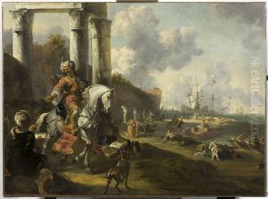 Havengezicht met ruiter in Oosterse dracht, Havengezicht met ruiter in Oosterse dracht,