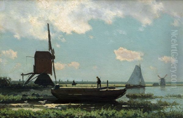 Polderlandschap, Rivierlandschap met schuit, - view 1