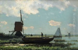 Polderlandschap, Rivierlandschap met schuit, by Johan Hendrik Weissenbruch