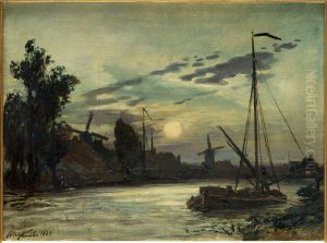 Rivierlandschap bij avond by Johan Jongkind