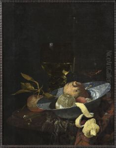 Still life with a porcelain bowl with fruit and glasses on a round marble table by Willem Kalf