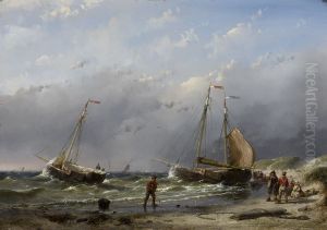 Schepen in de branding, Zeegezicht, by Andreas Schelfhout