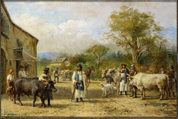 Boeren met vee op de weg naar de markt van Simmering bij Wenen, Hongaarse boeren met vee op de weg naar de markt van Simmering bij Wenen, - view 1