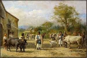 Boeren met vee op de weg naar de markt van Simmering bij Wenen, Hongaarse boeren met vee op de weg naar de markt van Simmering bij Wenen, by Otto Erelman