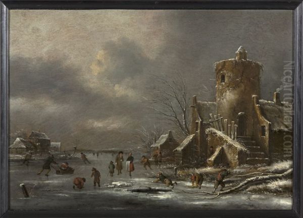 Winterlandschap metschaatsers bij een ruine - view 1