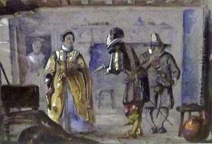 Interior Scene With Figures In Period Costumes by George Cattermole
