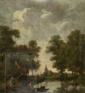 Behangselschildering met een Hollands landschap met rivier by Jurriaen Andriessen