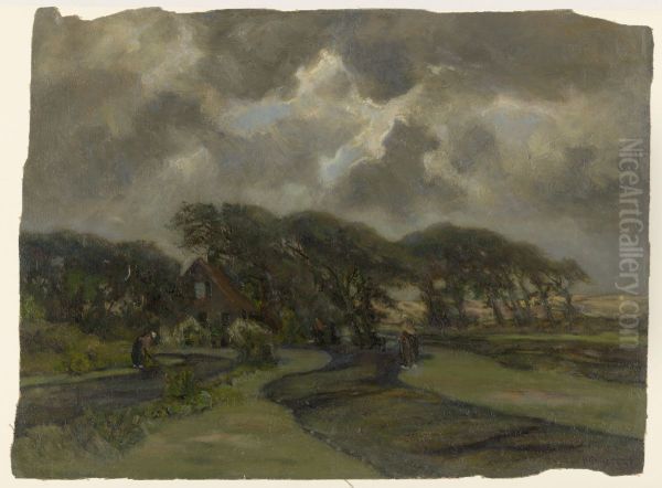 Huisje bij boomrand en vrouwen met visnetten - view 1