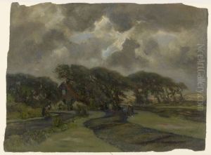 Huisje bij boomrand en vrouwen met visnetten by Frans Smissaert