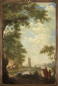 Arcadisch landschap met figuren bij een rivieroever