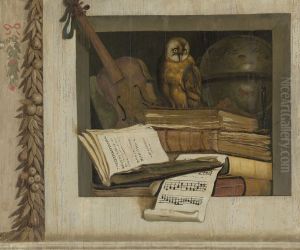 Stilleven met boeken, bladmuziek, viool, hemelglobe en een uil Stilleven met boeken, bladmuziek, viool, hemelglobe en een uil