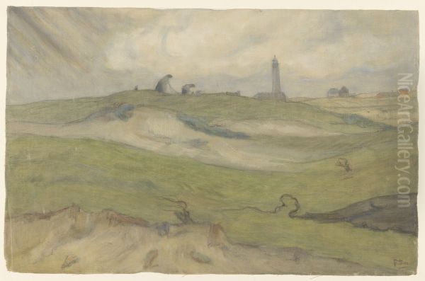 Dune landscape with lighthouse and fishing nets - view 1