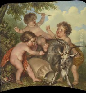 Drie kinderen spelend met een bok Drie kinderen spelend met een bok