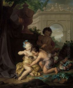 Drie kinderen spelend met een vogelnestje by Isaac Walraven