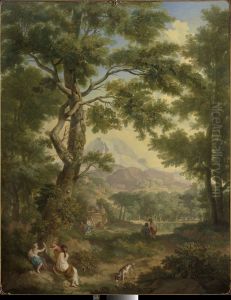 Arcadisch landschap met linksvoor kinderen met een vogel en een hond