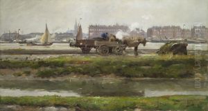 Het lossen van een treinwagon langs de Nieuwe Maas by August Willem van Voorden
