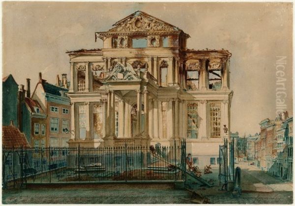 Aquarel van Het Schielandshuis na de brand van 18 februari 1864 - view 1