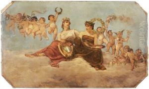 wolkenhemel met twee vrouwen en kindertjes by Jakob Smits