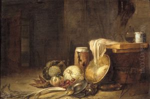 Stilleven met groenten in boereninterieur by Willem Kalf